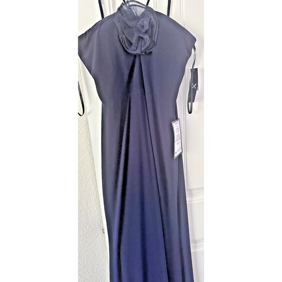 XSCAPE Women's Rosette Halter Gown Sleeveless Front slit Formal Dress Navy 14 - Picture 6 of 11